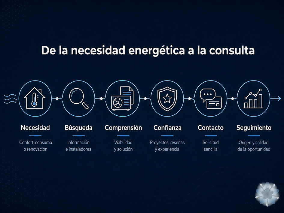 Recorrido digital de un cliente de aerotermia desde la necesidad energética hasta la solicitud de contacto