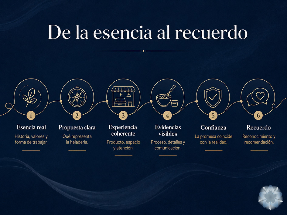 Recorrido del branding de una heladería desde su esencia y propuesta hasta la experiencia, la confianza y el recuerdo del cliente