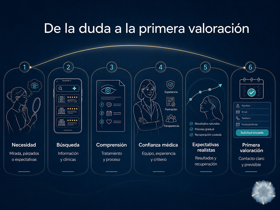 Recorrido digital del paciente desde la búsqueda de información sobre blefaroplastia hasta la solicitud de una primera valoración
