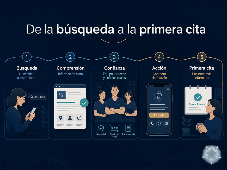 Recorrido de un paciente desde la búsqueda de una clínica dental hasta la solicitud de una primera cita